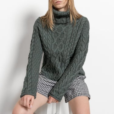 GREEN IRISH WOOL Cable Knit Pullover Knitwear Fall Winter Jumper Turtleneck / Small Medium 