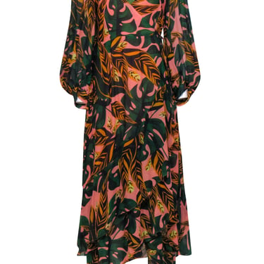 Farm - Pink &amp; Green Palm Leaf Print Long Sleeve Wrap Maxi Dress Sz XL