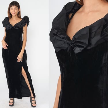 Black Velvet Dress 90s Party Maxi Dress Bow High Front Slit Long Goth Sleeveless Cocktail Gown Evening Ruffled Vintage 1990s Large 12 
