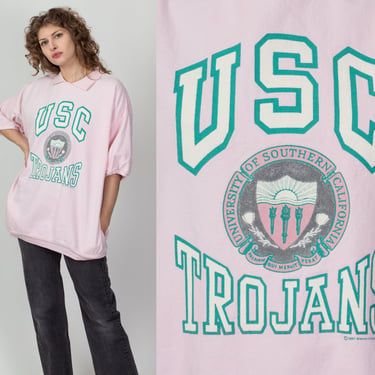 80s USC Trojans Short Sleeve Collared Sweatshirt Top - Men's XL | Vintage Pink Oversize Graphic College Polo Shirt 