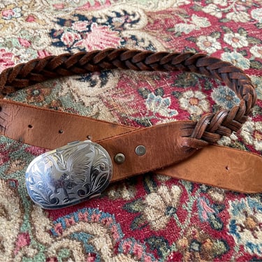 Vintage ‘70s brown leather braided belt with silver rooster buckle from Tijuana 
