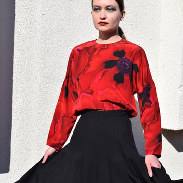 POPPY PRINT Novelty Red Floral Print Silk Blouse Neiman Marcus Sz S 