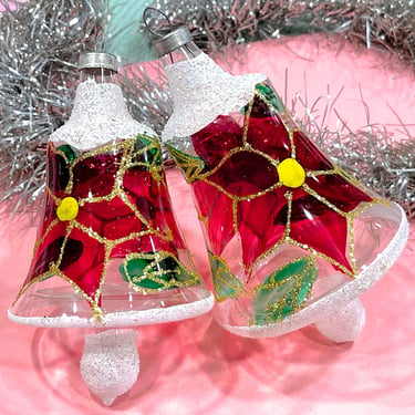 VINTAGE: 2pcs - Hand Blown Christmas Poinsettia Bell Ornaments - Hand Decorated - Christmas Holidays Xmas 