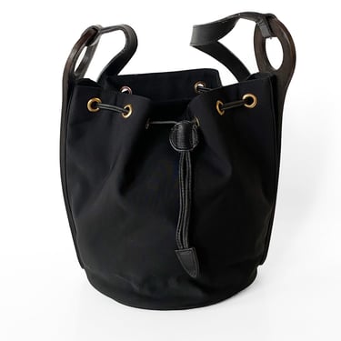 1990s Black Cinched Leather and Canvas Crossbody Bag