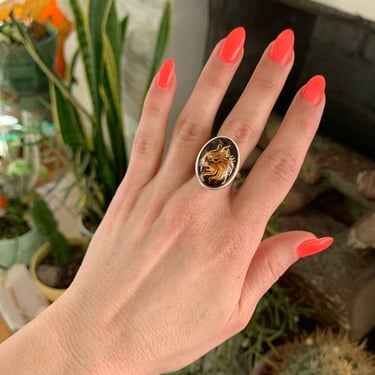 Cat Cameo Reverse Carved Amber Sterling Ring