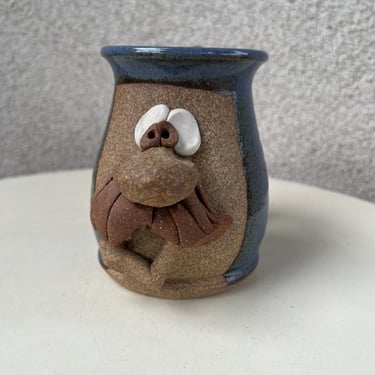 Vintage stoneware studio art blue brown pottery mug kitsch 3D face Mustache man theme 
