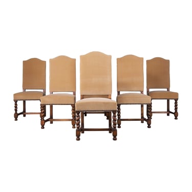 Antique French Louis XIII Style Maple Barley Twist Dining Chairs W/ Beige Velvet - Set of 6 