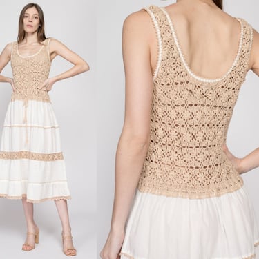 Medium 70s Boho Two Tone Crochet Midi Sundress | Vintage Made In The Philippines Tan White Tiered Hippie Dress 