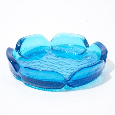 Midcentury Blue Glass Ashtray, Blenko, Flower 