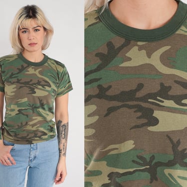 Camo T-Shirt 90s Camouflaged Army TShirt Green Ringer Shirt Hunting Military Grunge Short Sleeve Retro Baby Tee Vintage 1990s Extra Small xs 