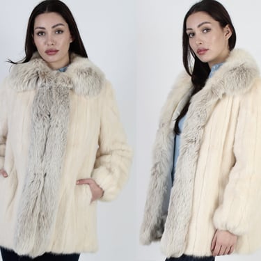 80s Champagne Mink Fur Jacket / Plush Ivory Arctic Fox Cropped Coat / Womens Luxurious Ivory Blonde Leather Corded Coat 