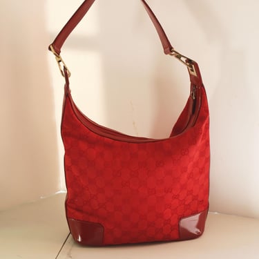 Vintage Gucci Y2K Red Monogram Canvas and Patent Leather Hobo Bag GG Web Medium Hobo Shoulder Bag Gold Hardware 