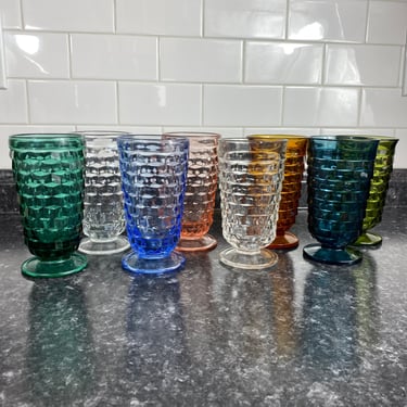Vintage Mismatched Rainbow Color Goblets Indiana Glass Colony American Whitehall Cubist Tumblers multicolored Mix-Match MCM Drinking glasses 