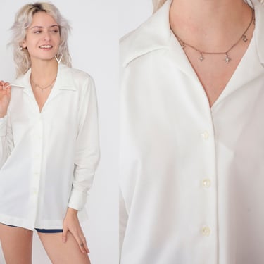 Plain White Blouse 70s Button up Shirt Notched Wing Collar Long Sleeve Collared Top Retro Preppy Basic Simple Vintage 1970s Teddi Medium 38 