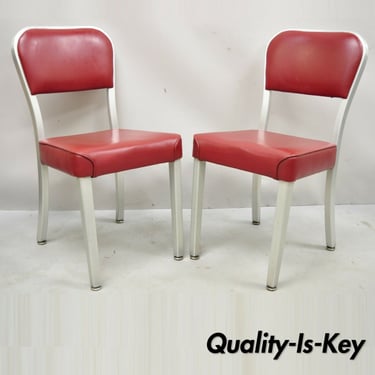 Vintage Brushed Aluminum Red Upholstered Emeco Navy Style Side Chairs -  a Pair