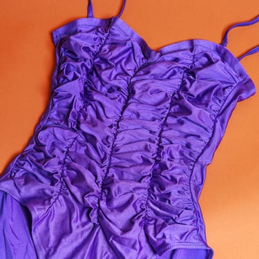 80s Violet Blue Gathered Swimsuit Vintage Strappy Shimmer Bathing Suit 