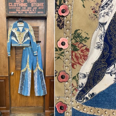 Vintage 1960’s “Roberto Cavalli” Denim Patchwork Mod Hippie Two Piece Amazing Outfit Set, Pant Suit, 1970s, Patchwork, Vintage Denim, Floral 