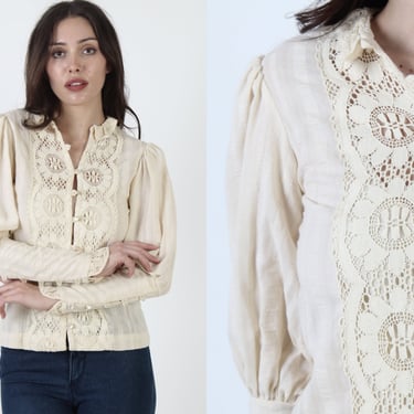 Ivory Floral Crochet Victorian Blouse / Vintage 70s Sheer Puff Sleeve Top / Embroidered Button Up Peasant Tunic 