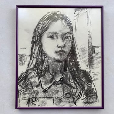 Vintage Girl Portrait By Andrew Portwood, Charcoal Drawing Of Young Girl Tween, Framed Art, Portrait Wall, Original Art Signed By Artist 