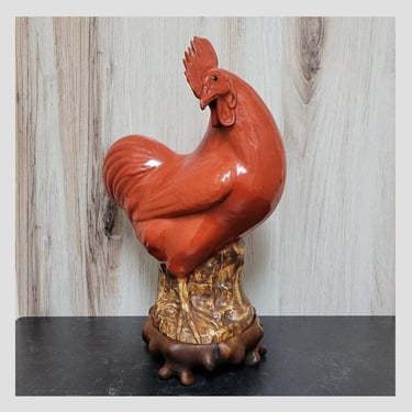 Early 20th Century Red Rooster on Wooden Stand 15" 