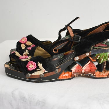 1940s Philippines Carved Wooden Wedge Sandals 