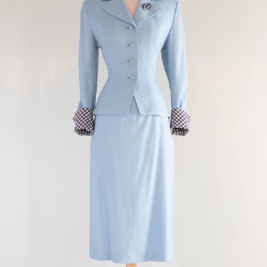 Elegant 1940's Wallis Blue Linen Suit With Gingham Cuffs & Lining / SM