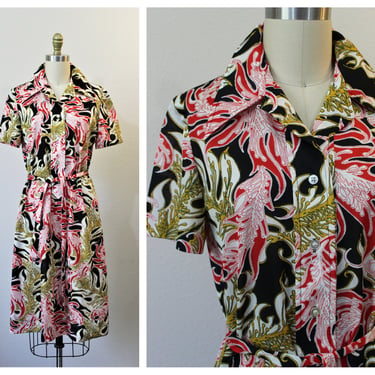 Vintage 1960s Cirette California Mod Seaweed Art Print Mermaid abstract Shirt Dress  // Modern Size US 6 8 Small Med 