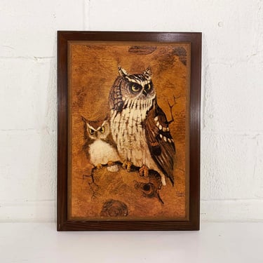 Vintage Owl Print Richard Hinger Screech 70s Art Large Plaque Brown Wood 1970s Kitsch Retro Decor Print Lithograph Litho Boho Bohemian 
