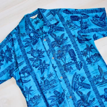 Vintage 60s Hawaiian Shirt, 1960s Made In Hawaii Shirt, Tiki, Flower, & Palm Tree Print, Surf, Beach, Vacation, Novelty Print 