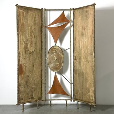 Vintage Mid Century Modern Brutalist Steel & Leather Three Panel Room Divider Screen Sculpture 
