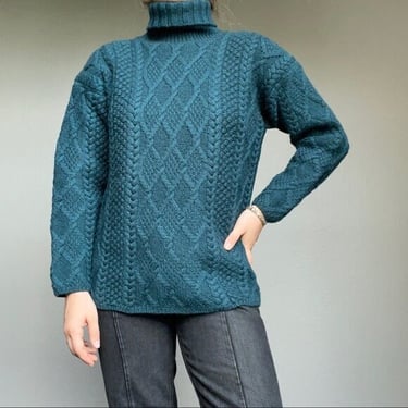 Vintage J. Crew Turquoise Chunky Wool Fisherman Style Turtleneck Sweater Sz S 