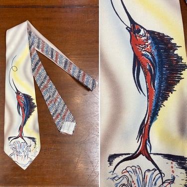 Vintage 1940’s Hand Painted Swordfish Wembley Rayon Neck Tie, Swordfish, Hand Painted, Wembley, Rockabilly, Vintage Tie, Swing, VOH1001, 
