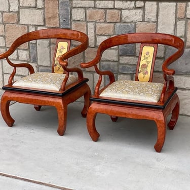 Pair of Ming Style Lacquered Arm Chairs with Silk Fabric Upholstered Seats 