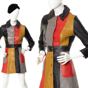 Vintage 1960s 1970s Jacket | 60s 70s Genuine Leather Color Block Blocked Mod Multi Color Patchwork Coat (x-small/small) 