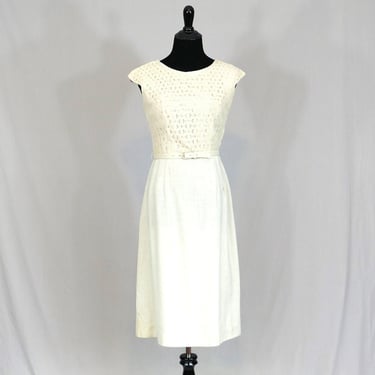 50s 60s Dress - Pale Tannish Gray - Linen Look w/ Lace Bodice - Louisa Alcott - Vintage 1950s 1960s - M 