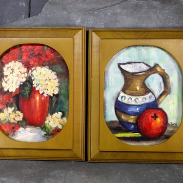 Gorgeous Pair of Original Oil Painting - 1970s "Side By Side" - 10 x 8 Oval Wood Framed Oil Paintings | Bixley Shop 