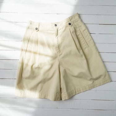 high waisted shorts | 80s 90s vintage Liz Claiborne cute cottagecore pastel yellow cotton khaki shorts 