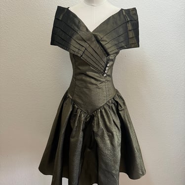 Vintage 60s Gold Lurex and Black Taffeta Mini Dress with Jewel Embellishments Pleated Sleeves; 80s Victorian Black Holiday Cocktail Dress L 