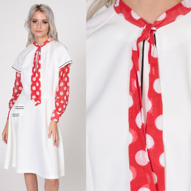 Mod Ascot Dress 70s White Polka Dot Bow Midi Stewardess Necktie Space Age Long Sleeve 60s Vintage Hippie Boho Twiggy Red High Waist Small 