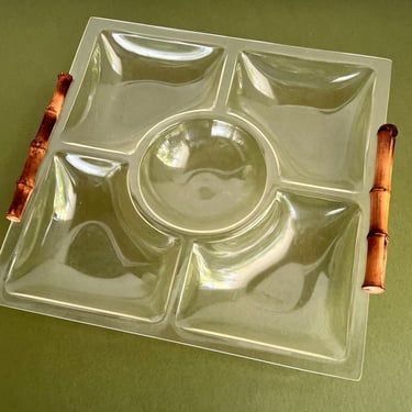 1970s Lucite Acrylic Serving Tray 5 Compartments and Bamboo Handles Chip and Dip Serving Platter or Square Divided Appetizer Tray Clear 