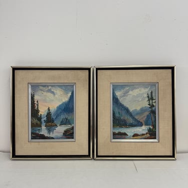 Free shipping within continental US - A set of two signed vintage mid century modern style paintings depicting an abstract mountain scene 