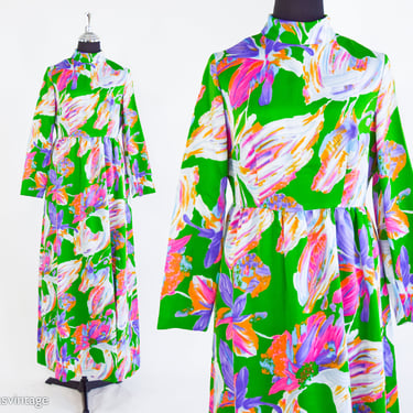 1970s Green Floral Maxi Dress | 70s Green Abstract Hostess Dress | Concept 70s Swirl | Medium 