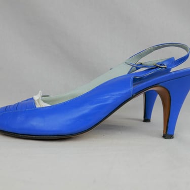 80s Blue Leather High Heels - Jiamanto Slingbacks - Open Peep Toe - Vintage 1980s - 8 N NARROW 