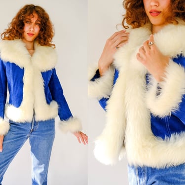 Vintage 70s French Blue Suede Sherpa Lined Penny Lane Jacket w/ Large Shearling Collar & Trim | 100% Genuine Leather | 1970s Suede Jacket 