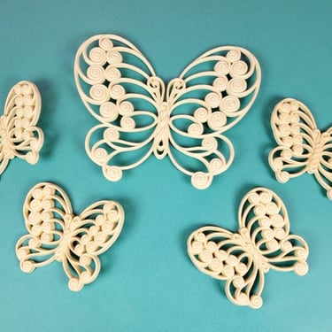 70s butterfly wall hangings. Set of 5. Cream. Vintage flower power, mod, hippie, kitschy decor. 