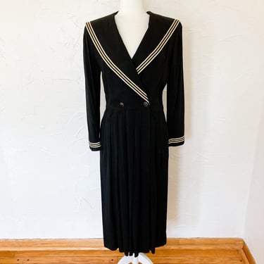 80s Does 40s Black Sailor Midi Dress with Metallic Gold Cream Striped Collar | Medium/Large 