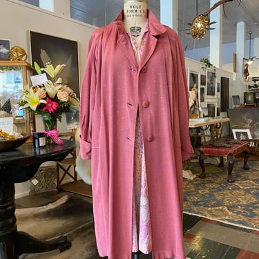 1980s swing coat, pink rayon, vintage overcoat, 1950s style, visions, size large, 80s does 50s. diamond print, lightweight, 1940s style 