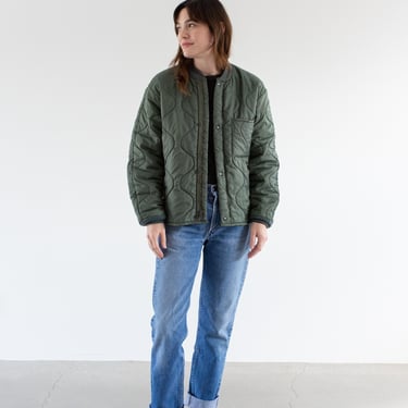 Vintage Slate Green Quilt Zip Jacket | Puffer Quilted Nylon Coat | Zipper | M | J2 