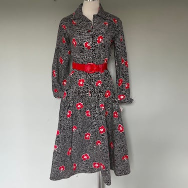 BNWT 1980s Deadstock Vintage Polka Dot Red Poinsettia Dress w/Belt Carolina Maid 