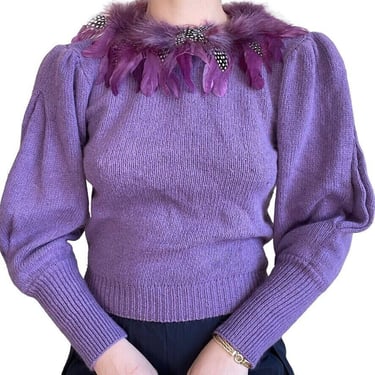 Vintage 80s Womens Silk Angora Blend Feather Purple Puff Sleeve Sweater Sz S 